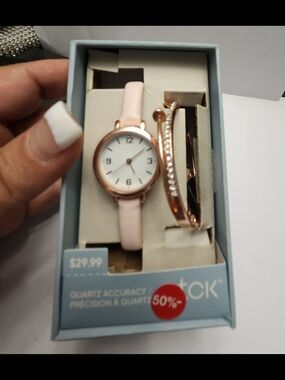 Women's Rose Gold Case Watch with Pink Leather Strap and Crystal Bangle